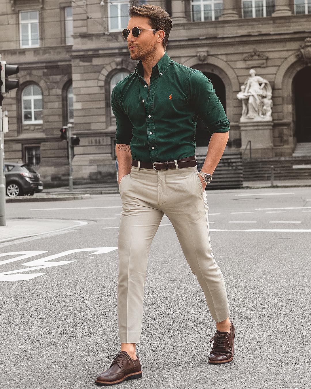 khaki chinos green shirt outfit for men