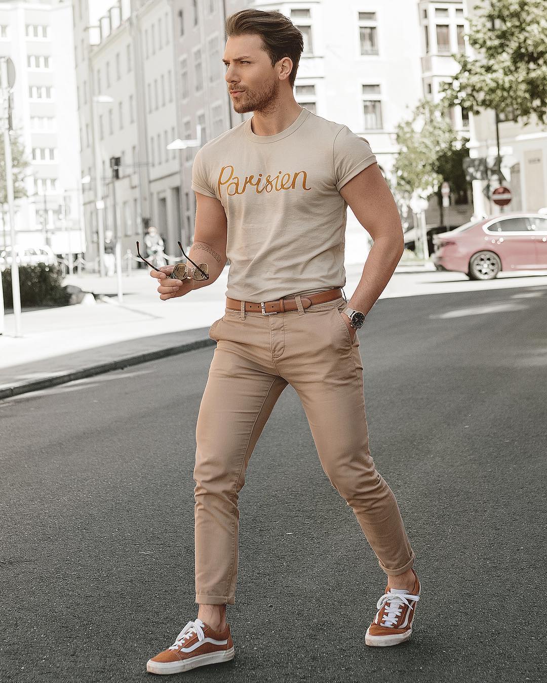 khaki chino with beige printed t-shirt outfit for men
