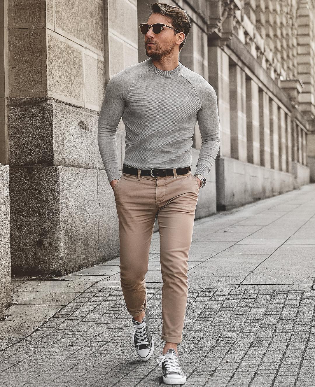 khaki chinos grey sweater outfit men
