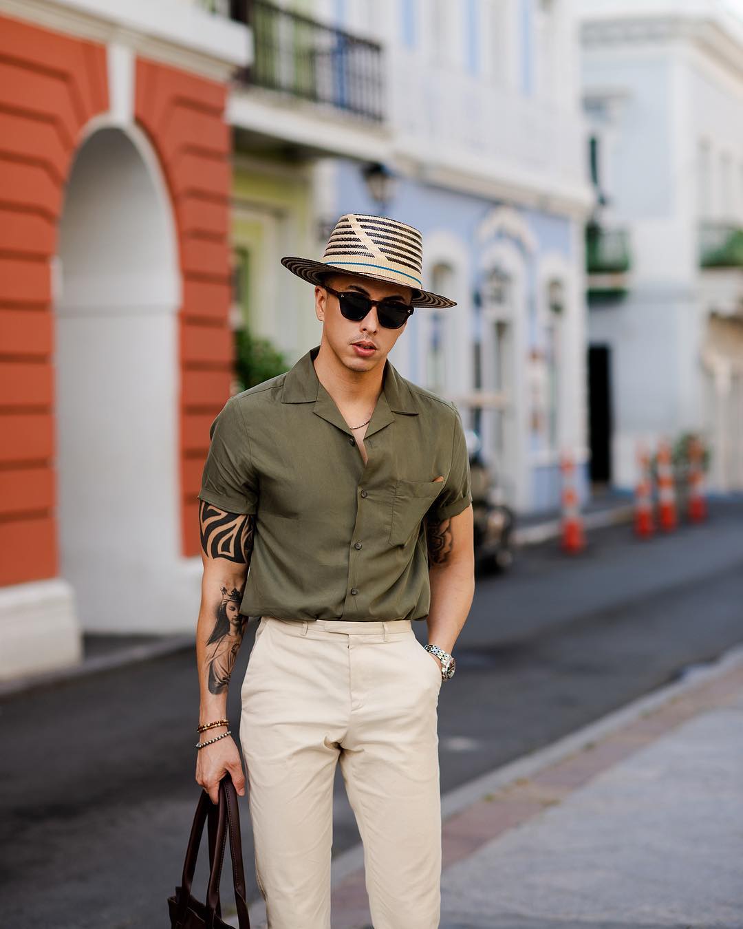 beige chinos, olive green shirt outfit men