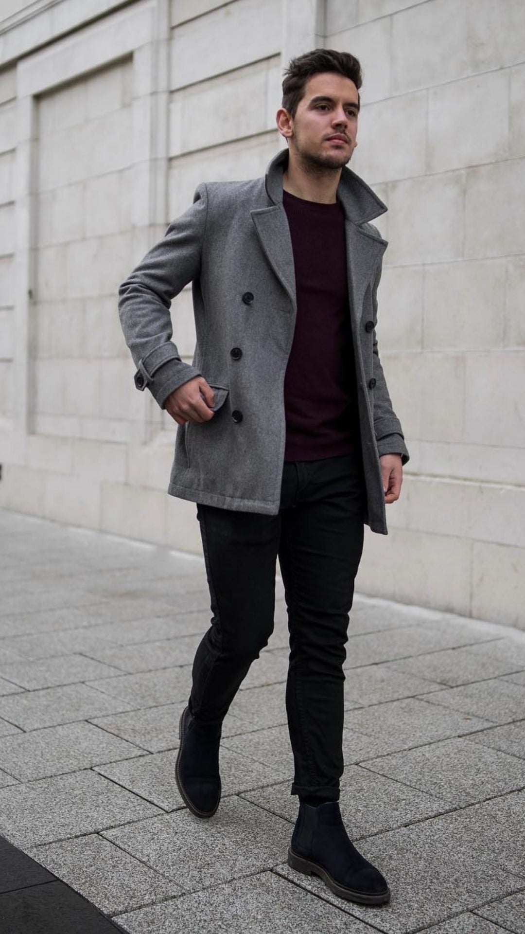 black pants, maroon t-shirt with grey overcoat outfit for men