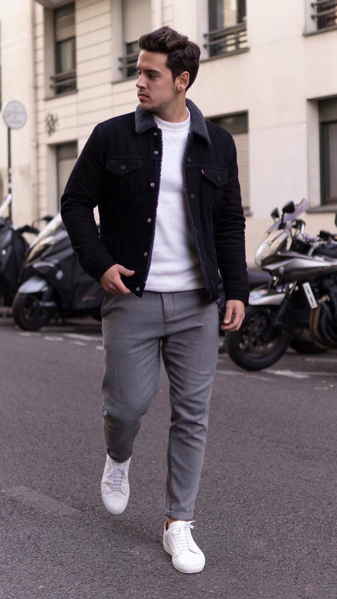 grey pants, white t-shirt and black jacket outfit for men