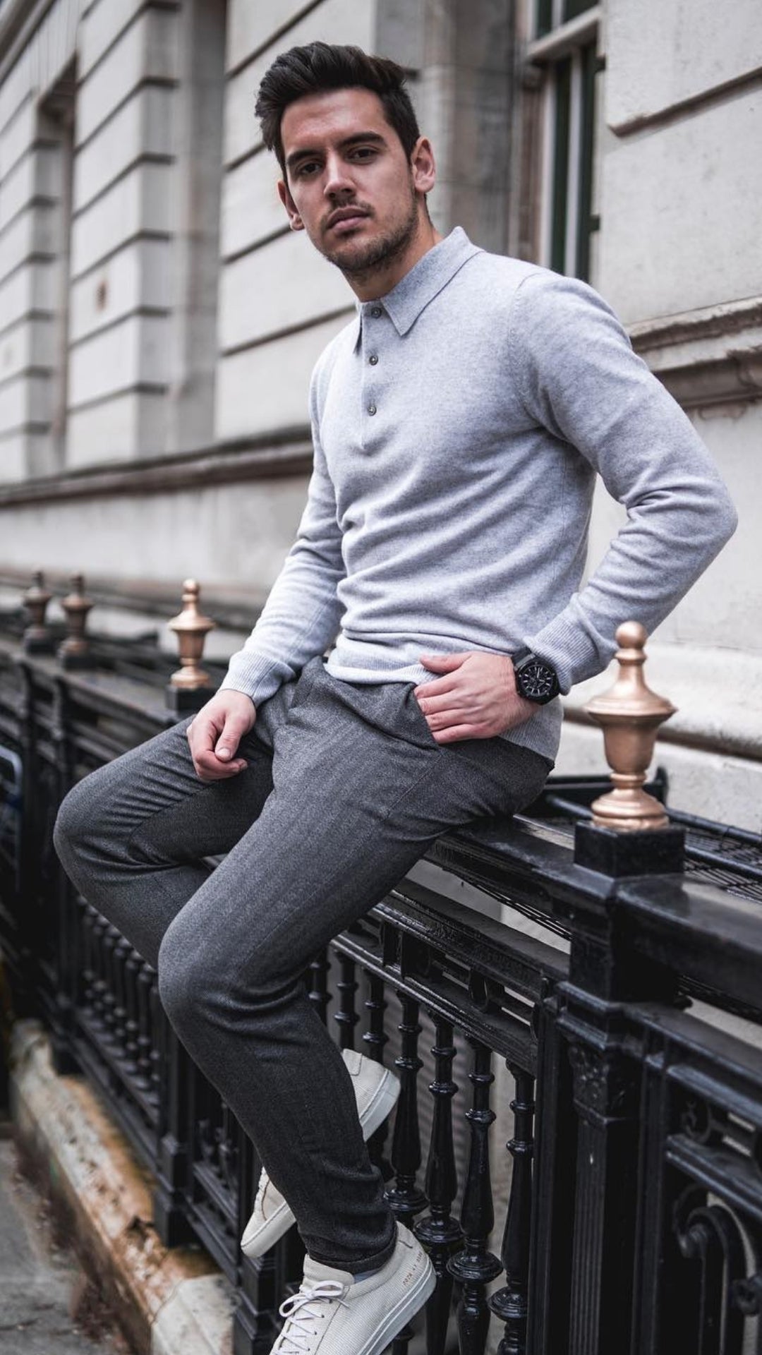 dark grey check pants with light grey sweatshirt outfit for men