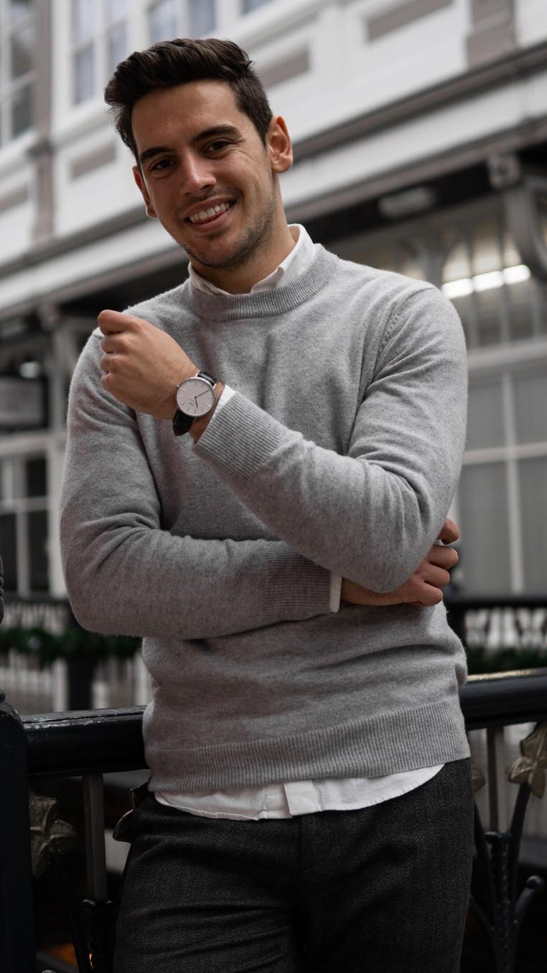 black pants, white shirt and grey sweaters outfits for men