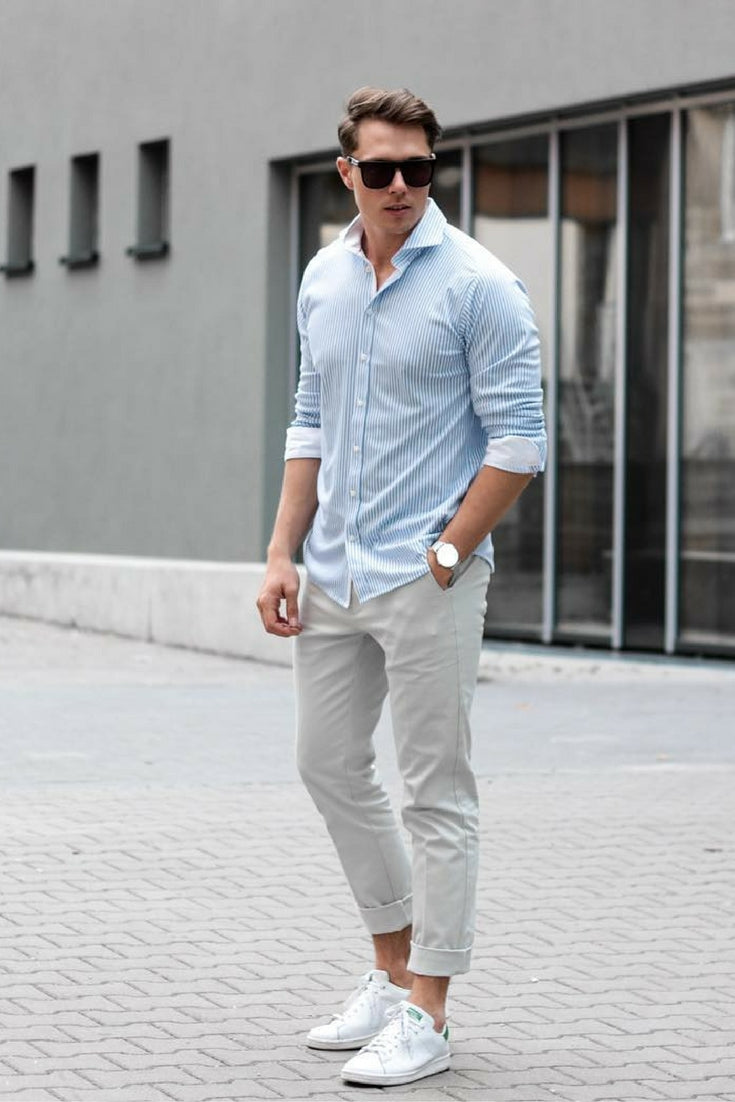 beige chino light blue vertical stripe shirt outfit men