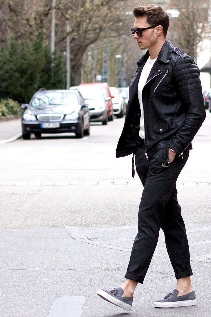 black chinos white t-shirt black jacket outfit for men