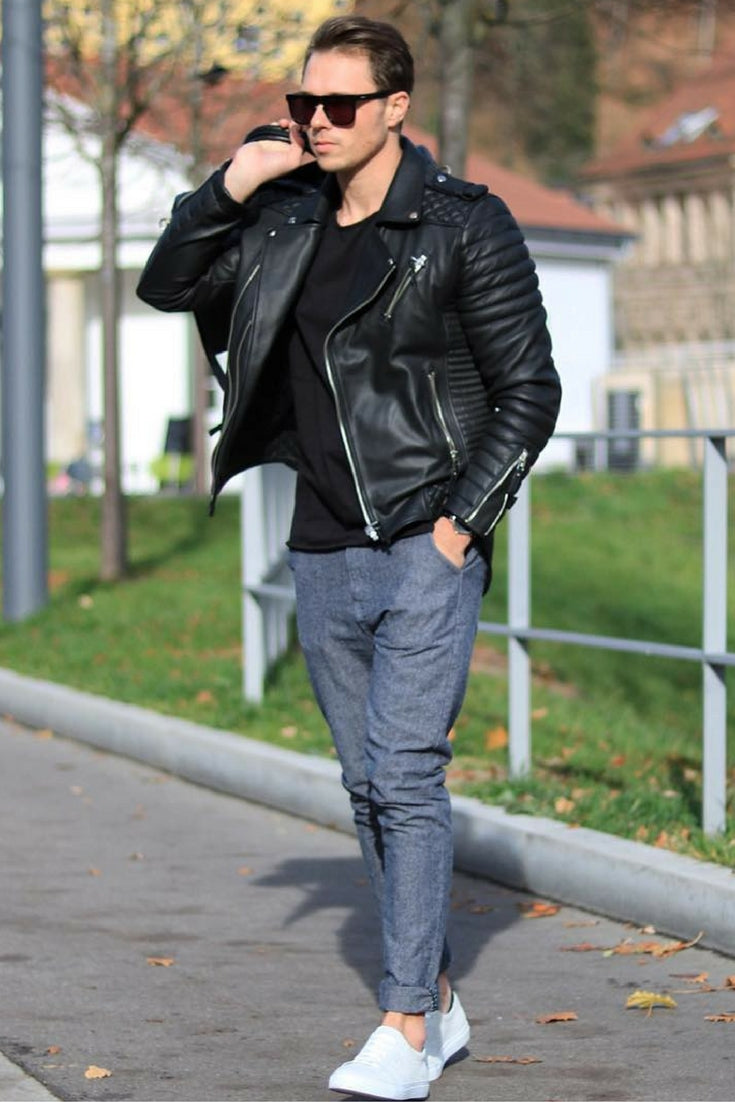 grey chinos black t-shirt black leather jacket outfit for men