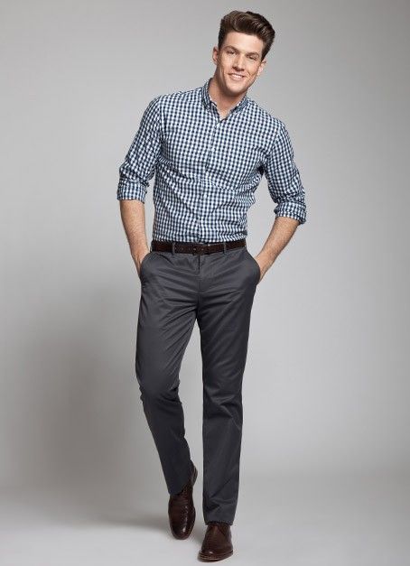 grey pants blue check shirt outfit men