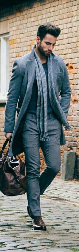 dark grey suit with grey scarf outfit men