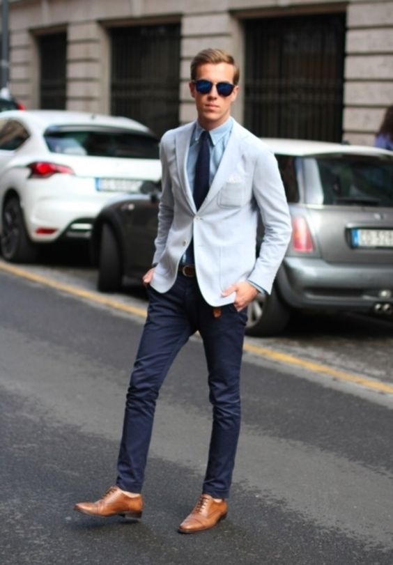 navy blue pants light blue shirt grey blazer outfit men