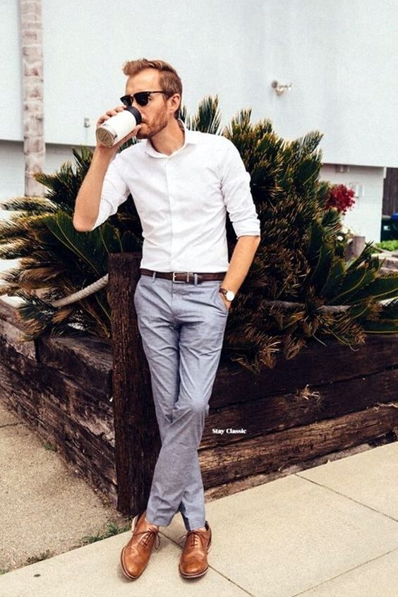 light grey pants white shirt outfit for men