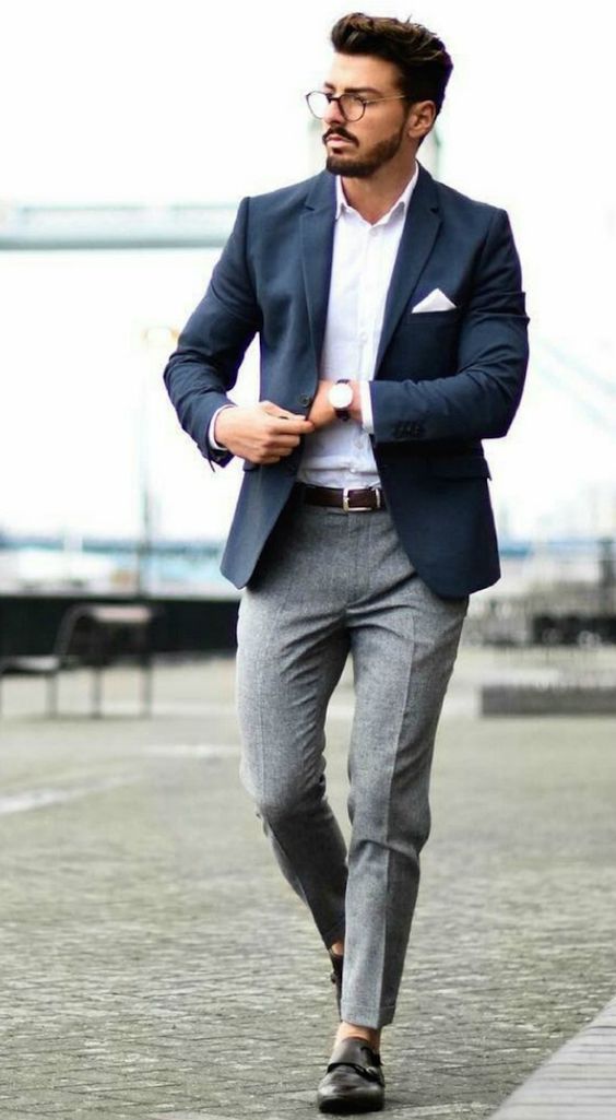 grey pants white shirt navy blazer outfit for men