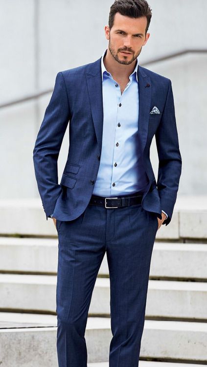 navy suit light blue shirt outfit for men