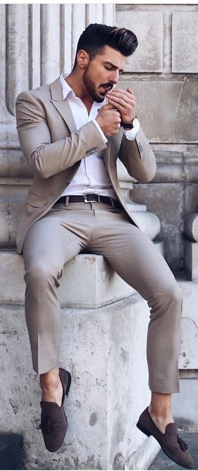 beige suit white shirt outfit for men