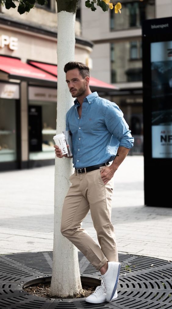 beige chinos blue shirt outfit for men