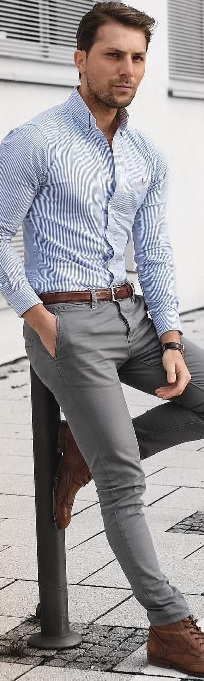 grey pants light blue shirt outfit men