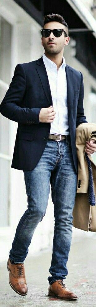 blue jeans white shirt navy blazer outfit men