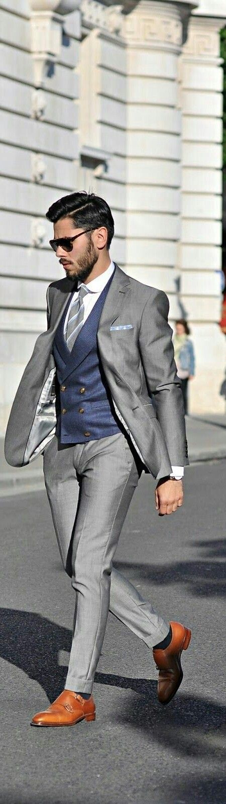 grey suit white shirt navy vest outfit for men