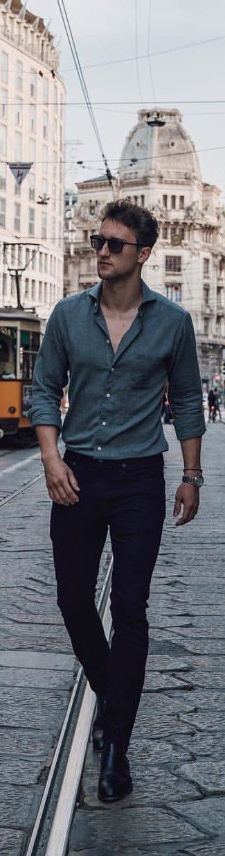 black pants green shirt outfit men