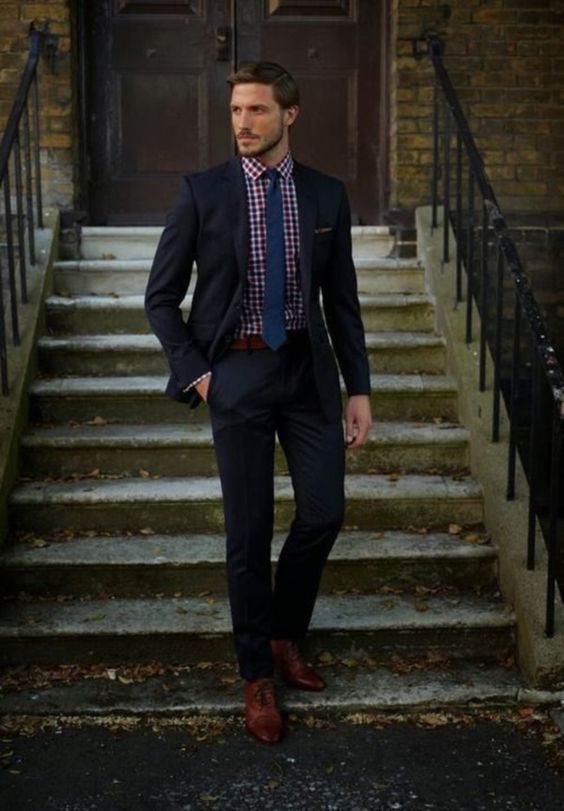 black suit with red and white check shirt outfit men