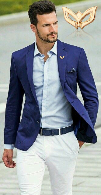 white pants light blue shirt navy blazer outfit men