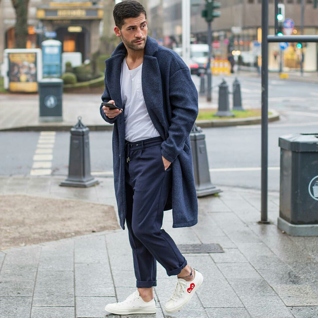 navy chinos white t-shirt and navy overcoat outfit men