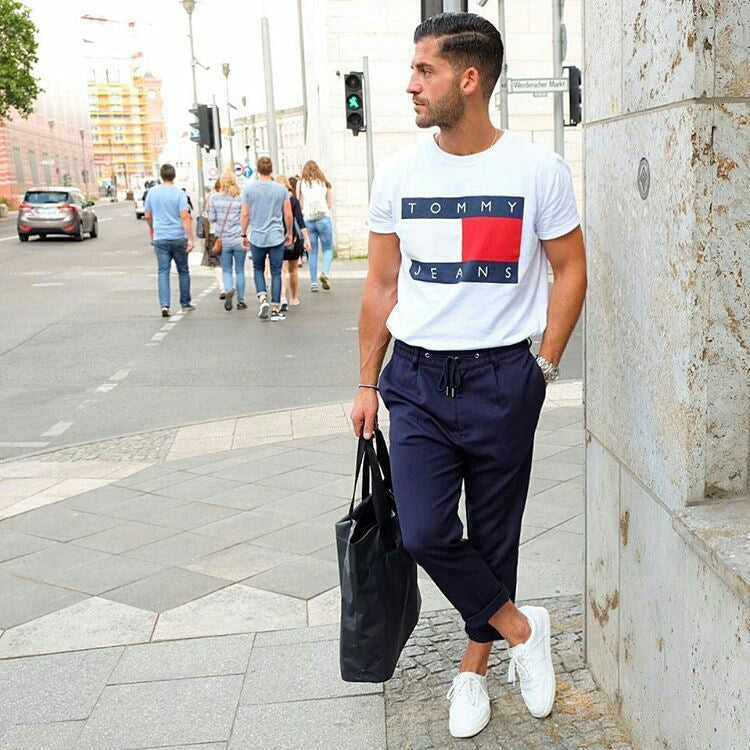 navy blue chinos white printed t-shirt outfit men