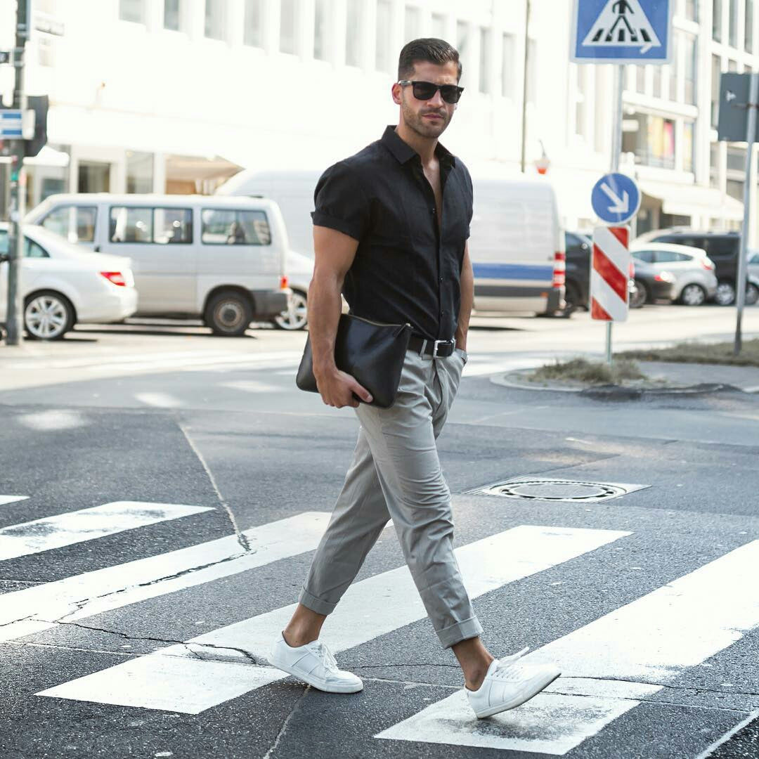 grey pants black shirt outfit men